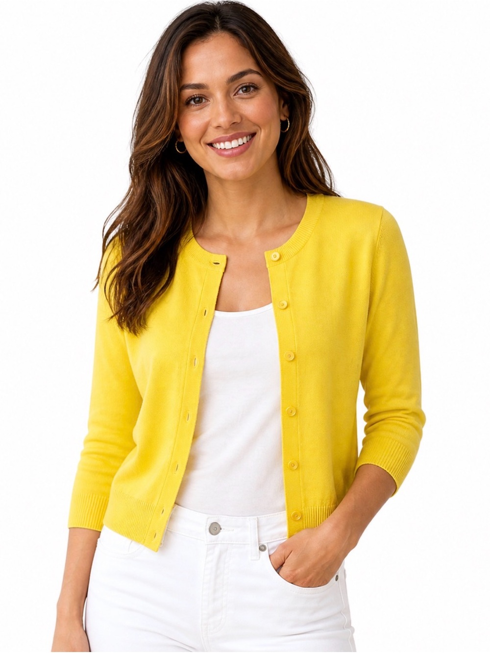 J. Crew Factory Sunny Yellow Crewneck Button Cardigan 3/4 Sleeves M